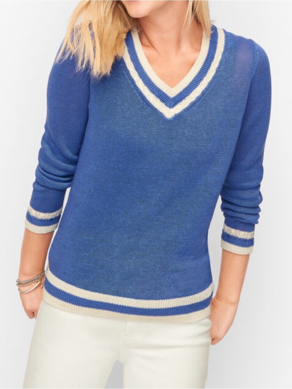 Talbots Women’s S 100% Linen V Neck Sweater Blue Ivory Preppy Nautical Stripe